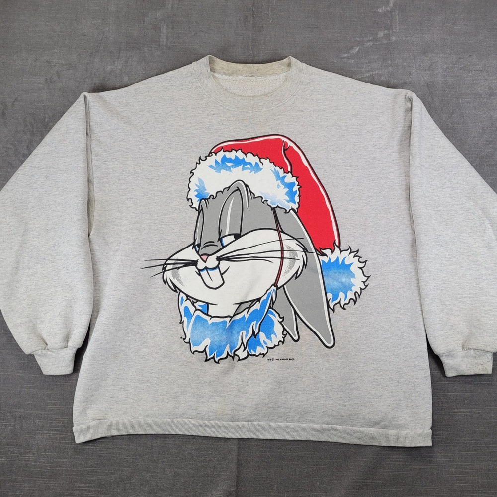 Vintage 1993 Bugs Bunny Christmas Sweatshirt Looney Tunes Gray Mens XL 90s WB